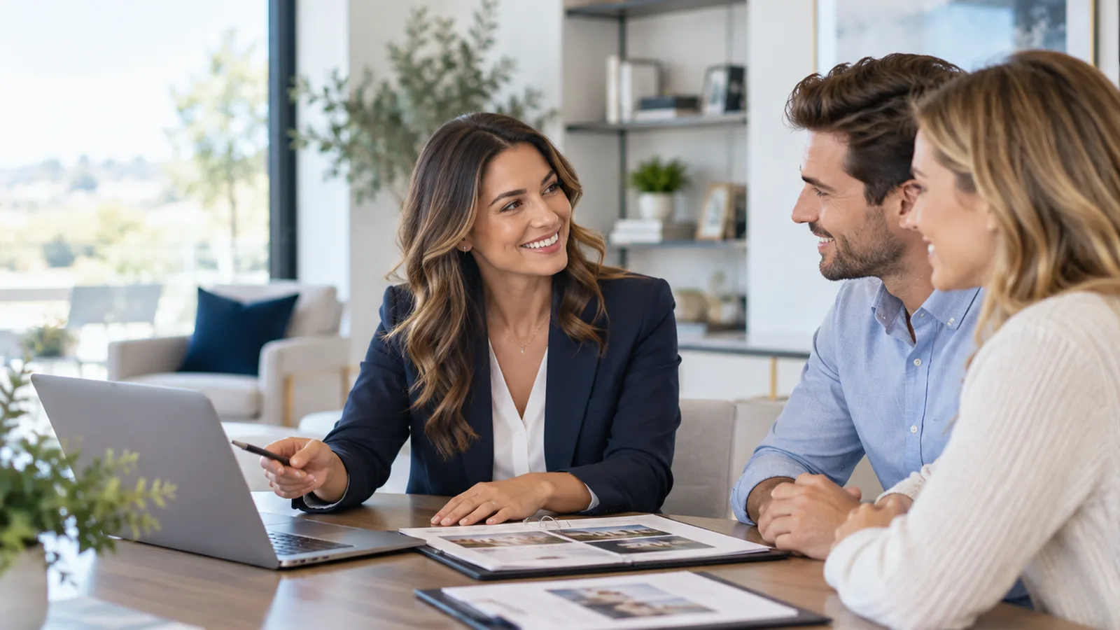 Real estate agent meeting with prospective homebuyers during a consultation