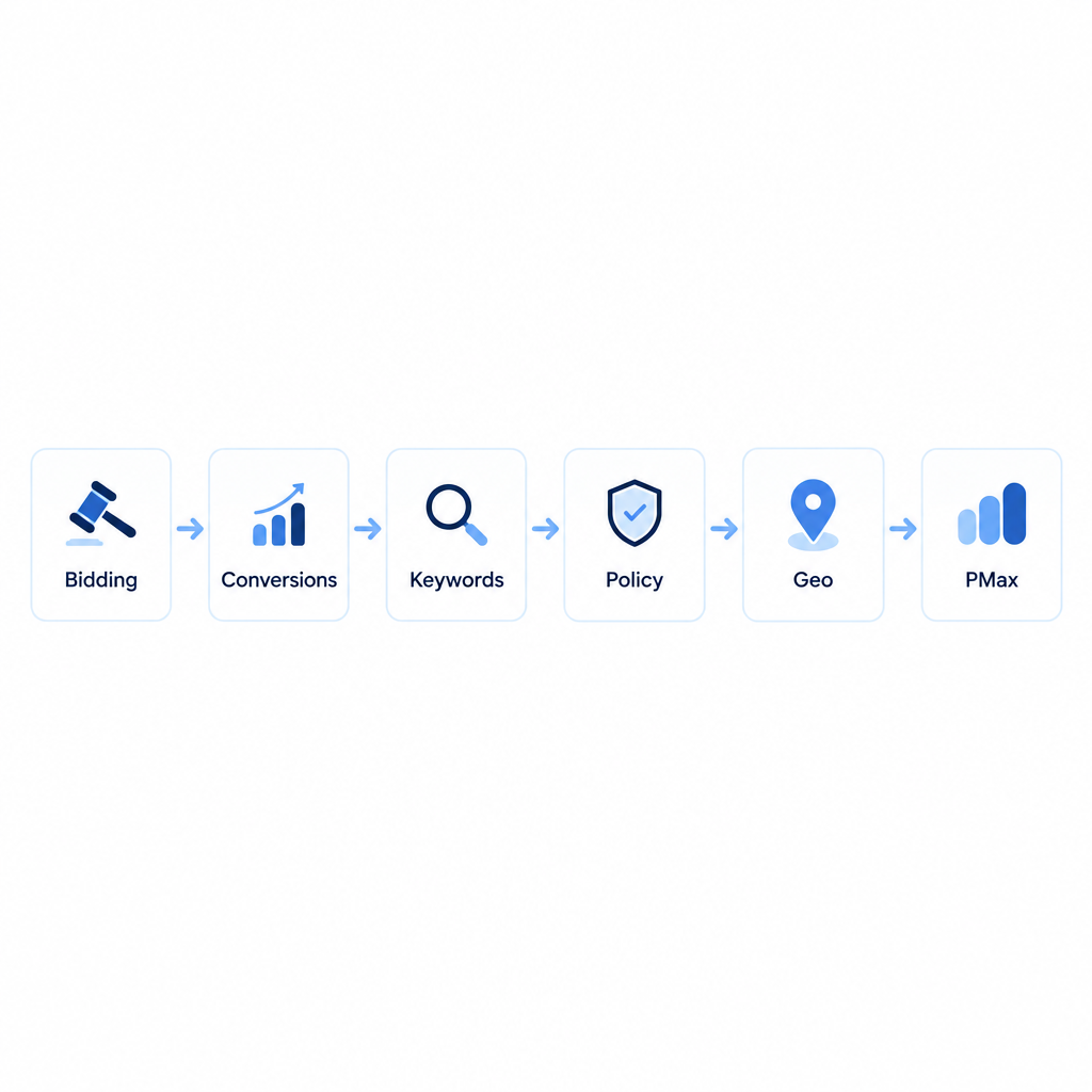 Google Ad Grant zero-impressions troubleshooting flow covering bidding, conversions, keywords, policy, geography, and Performance Max
