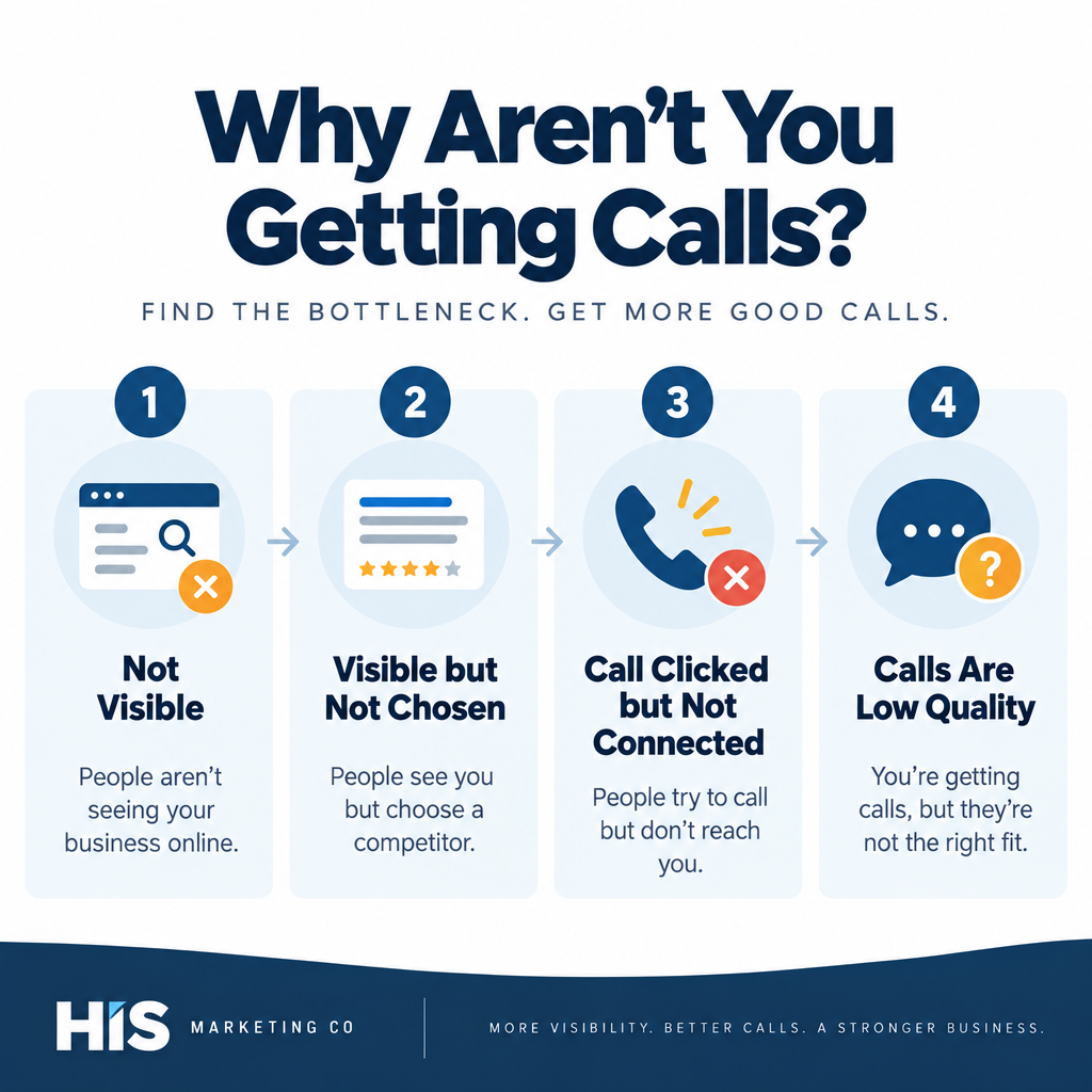 Diagnostic flow for why a Google Business Profile is not getting calls: not visible, visible but not chosen, call clicked but not connected, or low-quality calls