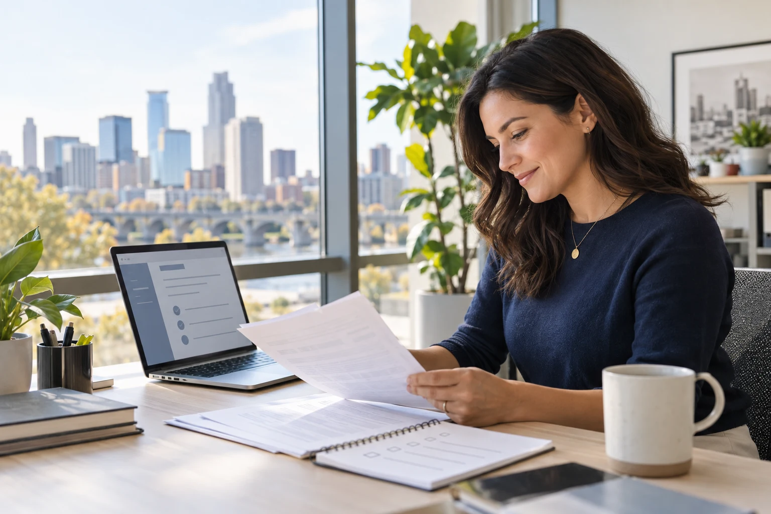 Nonprofit coordinator reviewing application paperwork beside a laptop in a bright office.