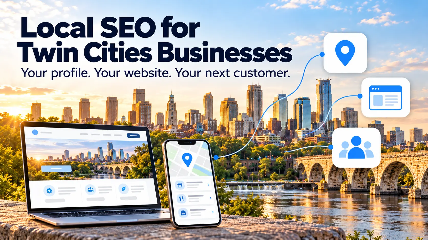 Minneapolis skyline with a service-business website and a phone showing local search