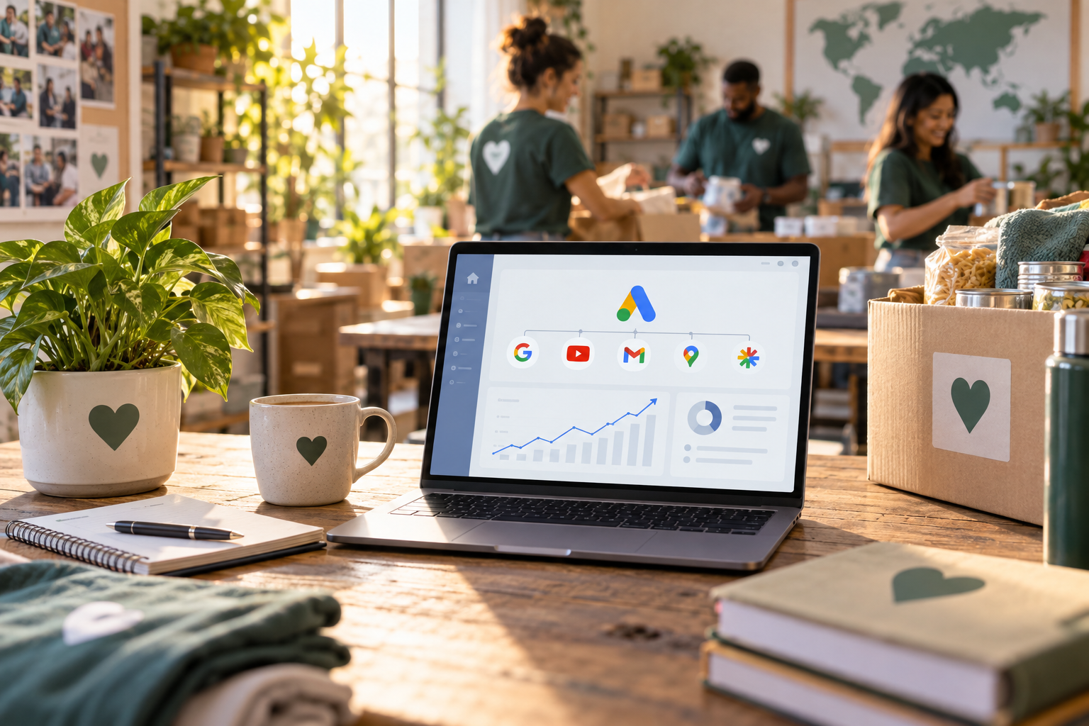 Performance Max for Google Ad Grants shown in a nonprofit volunteer workspace